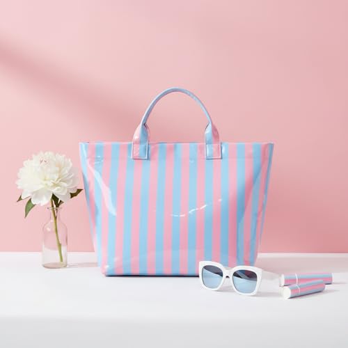 Image of Striped PVC Tote Bag for Women, Waterproof Plastic Hobo Handbag Summer Tote for Beach, Pool & Ideal Gift