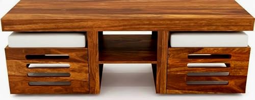 Image of Solid Sheesham Wood Coffee Table for Living Room |Wooden Rectangle Coffee /Tea Table with 2 Cushioned Stools Center table with Storage Teapoye for Home, Living Room, Balcony, Natural Honey