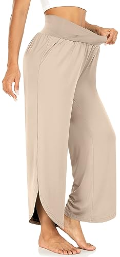 Image of TARSE Women's Wide Leg Yoga Pants Cross High Waist Flowy Split with Pockets | Comfy Lightweight Stretch, Flare Hem Cropped, Loose Dance Pants, Travel & Lounge, Everyday Casual Wear