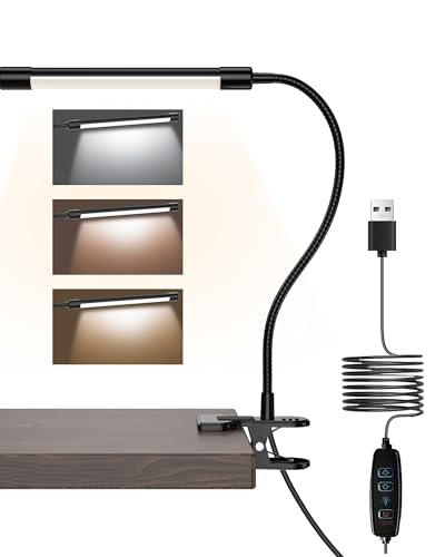 JHD LED Desk Lamp with Clamp - Adjustable 3 Color Modes 10 Brightness Level Table Lamp, USB Eye Care Flexible Gooseneck Desk Light, Home Office, Dorm Room, Reading, Nails, Clip On Light, Black