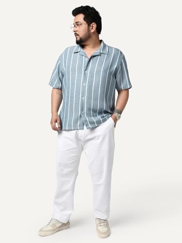 Image of Urbano Plus Men's Cotton Half Sleeve Relaxed Fit Linen Striped Shirt with Cuban Collar