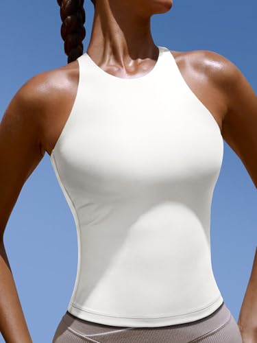 Image of LASLULU Womens High Neck Workout Tank Tops with Built in Bra Strappy Back | Low to Medium Impact,Longline Halter Neck Sports Bra,Fitted Compression,Padded Athletic Yoga Running Gym Pilates Tank Tops