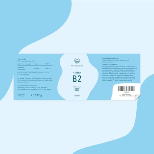 Vitamin B2 Riboflavin - Hochdosiert: 250mg Riboflavin - 240 Kapseln (Big Pack) - Unterstützt Energiestoffwechsel, Haut und Nerven - Laborgeprüft - Vegan & Deutsche Produktion - TRUE NATURE