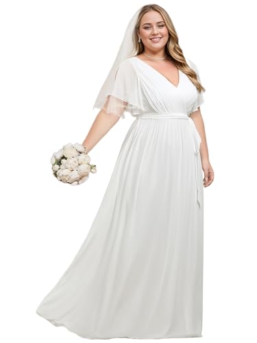Image of Ever-Pretty Women's V Neck A Line Ruched Ruffles Sleeves Chiffon Floor Length Plus Size Bridal Dresses White US20