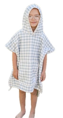 Image of Hooded Towel for Toddlers - Muslin Cotton Checker Print - Ultra Soft, Absorbent, Lightweight (Blue Gingham, 4-5T)