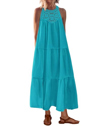 Image of BTFBM Halter Summer Dresses for Women 2026 Casual Spring Hollow Out Sleeveless Boho Sundresses Beach Vacation Maxi Dress