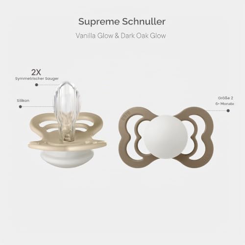 BIBS Supreme GLOW Schnuller, 6-18 Monate, 2er-Pack, Vanilla/Dark Oak – Ansicht 2
