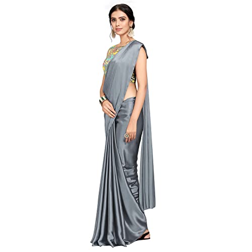 Image of Women Soft Satin Silk Plain Saree With Art Silk Digital Printed Unstiched Blouse Piece.(Heavy Japan Satin Silk Saree of 5.5m saree length + 0.8m blouse piece)