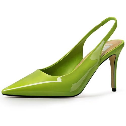Green Slingback Heels for Women Pointed Toe Stiletto Heel Closed Toe Pumps Slip on High Heels 2.95 inch Dress Pumps 8.5