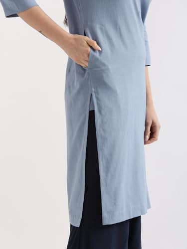 Image of SAADAA Women's Linen Straight Fit Straight Long Kurta Airy Plain Kurta, 3 /4 Sleeve, Knee Length Kurtis with Pockets, Casual and Office Wear