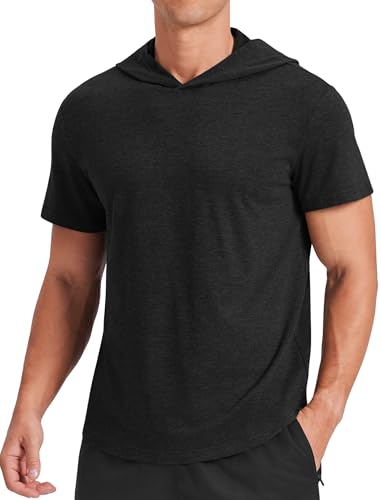 PINSPARK Mens Short Sleeve Hoodie Gym Shirts - Lightweight Quick-Dry Athletic Pullover Hooded Tee for Workout Fitness Black