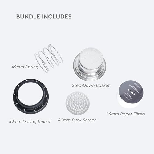 Image of Normcore 58mm to 49mm Step-Down Portafilter Basket Kit, CNC-machined From a Solid Block of 304 Stainless Steel, 0.18mm Holes, Includes Dosing Funnel, 49mm Puck Screen, 200 Papers Filter