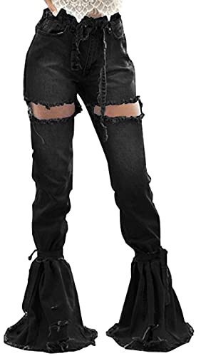 SeNight Bell Bottom Jeans for Women Ripped Distressed Flare Jean Bell Bottom Pants with Straps