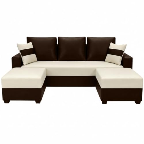 Image of STRIKON Dual Tone 3 + 2 Ottoman Leatherette Sofa Set | Premium Leatherette Upholstery | Modern Designer Sofa for Living Room & Office Spaces (Brown & Cream)