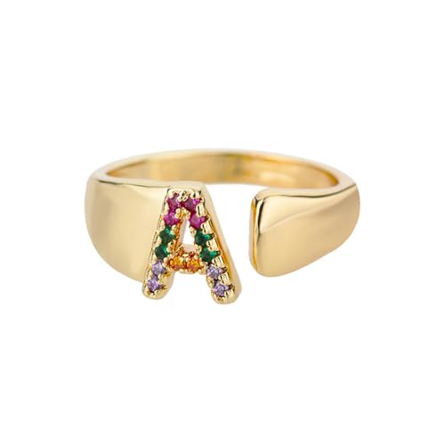 NEDOES Anillos con letras de circón de arcoíris para mujer, anillo de acero inoxidable de Color dorado, anillos ajustables para parejas de bodas, joyería Bohemia