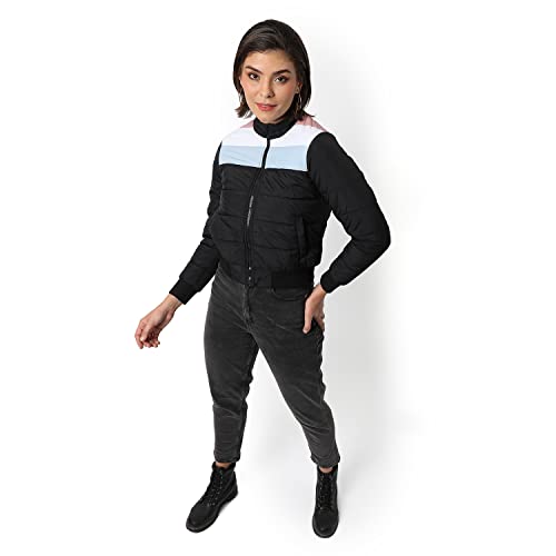 Image of Campus Sutra Women Black Colour-Blocked Puffer Regular Fit Bomber Jacket For Winter Wear | Standing Collar | Full Sleeve | Zipper | Casual Jacket For Woman & Girl | Western Stylish Jacket For Women