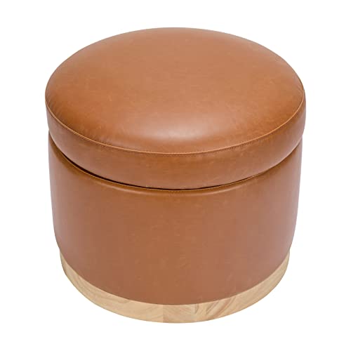 Image of Babyletto Naka Storage Ottoman in Tan PU Leather with Light Wood Base, Greenguard Gold and CertiPUR-US Certified