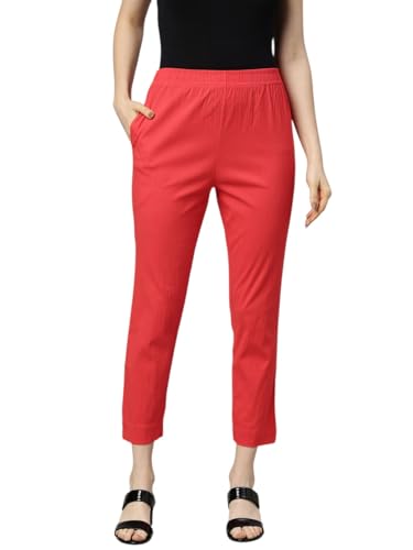 Image of MINELLI Women Solid Cigar Pants, Cotton Lycra Slub Fabric, Elasticated Waistband, Pull On Style, Regular Fit Bottom Wear for Western and Ethnic Wear