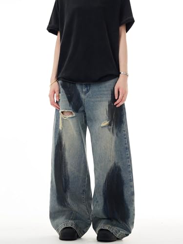 GUOYUXIAO Men's Jeans Summer high-Street Distressed Denim Pants Loose Straight-Leg Wide-Leg Trouser for Men3