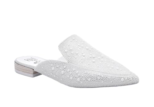 Beast Fashion Women's Rhinestone Slip-On Mules Flat Mules Buckle Pointed Toe Backless Slip on Slides Loafer Shoes, White Pearl,8
