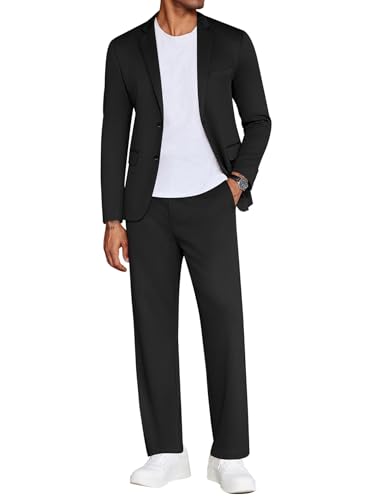 COOFANDY Men's Suits 2 Piece Slim Fit Suit Set 2 Button Lightweight Casual Knit Blazer Suit Jacket Pants Black