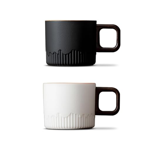 Juego de 2 tazas de café espresso de cerámica con mango de madera, taza de café de porcelana de 76.5 g/80 ml, taza de té Demitasse, taza de yerba mate para café con leche, capuchino, moca, coco (negro