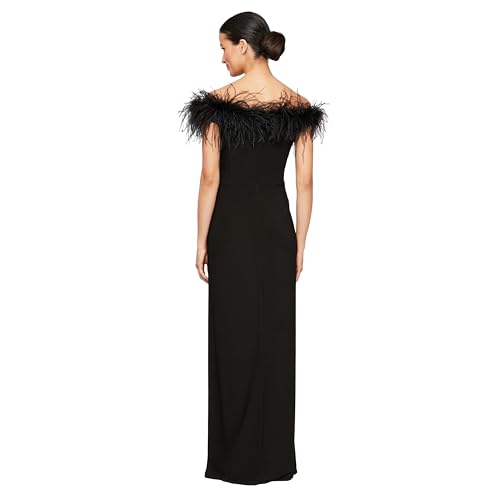 Alex Evenings Women's Long Length Off The Shoulder Gown with Front Slit and Maribou Detail Neckline, Formal Party Dress3