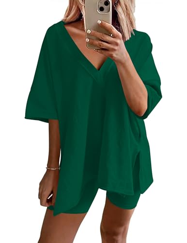 Image of Ekouaer Womens Pajamas 2 Piece Lounge Sets Oversized V Neck T-Shirts Tops Biker Shorts Set Workout Reversible Tracksuit S-XXL