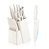 E-far Knife Set with Block, 15 Pieces Kitchen Knife Block Set with Sharpener, High Carbon Stainless Steel Sharp Chef Knife Set with Ergonomic Handles, Anti Rust, White
