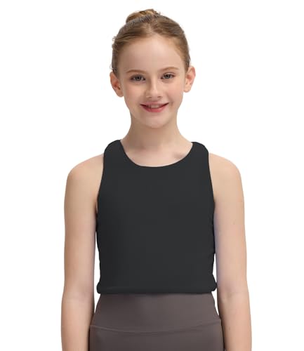 Girls Tank Tops Dance Outfits Crop Top Double Lined High Crew Neck Racerback Cropped Athletic Top for Ballet Yoga Gymnastics