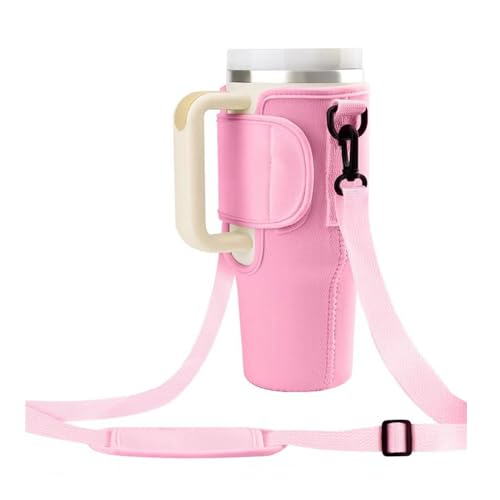 Water Bottle Carrier Bag Holder Compatible with Stanley Tumbler 40oz, Water Bottle Holder with Adjustable Shoulder Strap, Water Bottle Pouch Bag for Walking Hiking Camping (Pink)