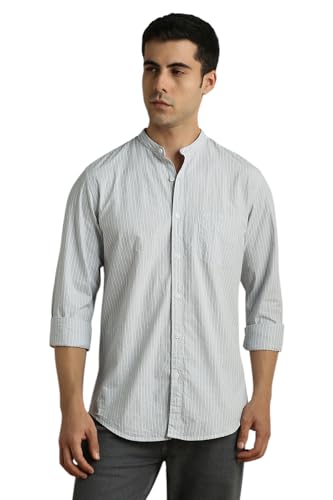 Image of Peter England Men's Casual Mandarin Collar Slim fit Full Sleeve Shirt in 100% Cotton Seersucker with Striped Design