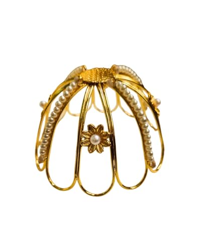 Image of Brass Hair Bun Cage with Stick for Women | Handcrafted Anti-Tarnish Juda Cover | Golden Surya Design Hair Bun Accessory for Wedding, Bridal, Festival, Bharatanatyam & Ethnic Wear