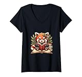 Photo Gallery donna red panda lettura libri pandas cottagecore estetica bambini maglietta con collo a v Photo Gallery donna red panda lettura libri pandas cottagecore estetica bambini maglietta con collo a v