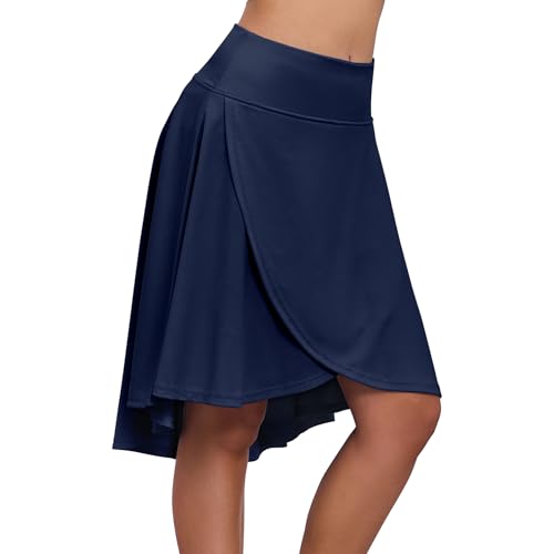 Zando Women's Navy Blue Wrap Skorts - High Waist Flowy with Shorts, Asymmetric Ruffle Hem High Low Midi Skirt Athletic Skorts for Women Dressy Casual with Pockets Tummy Control Trendy Summer Small