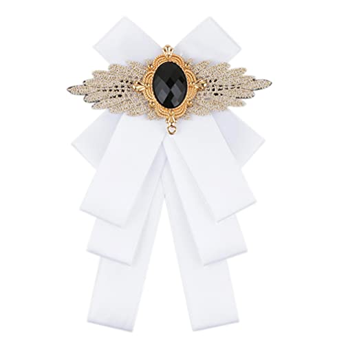 Lovacely Men & Women Ribbon Bow Tie Fashion Rhinestone Ribbon Solid Color Brooch Pin Bowtie for Wedding Party White
