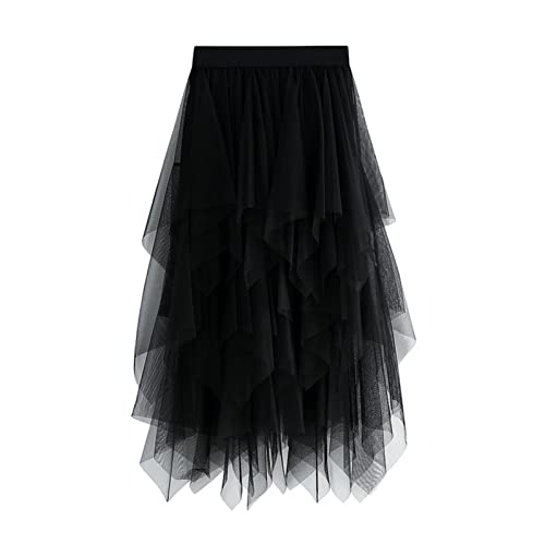 SotRong Falda tutú de tul para mujer, cintura alta, falda escalonada de malla para ballet, boda, fiestas, graduaciones, falda a la pantorrilla acampanada y plisada, G-negro, Talla única