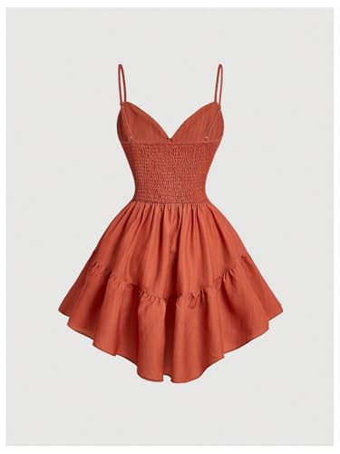Image of Floerns Women's Floral Embroidery Tiered Cami Dress Ruffle Hem Summer Short Dress Rust Brown X-Small