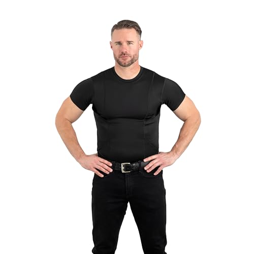 CCW Tactical Concealed Carry Holster Shirt | Quick Access Open Pocket with Large Storage | All Season Moisture Wicking Compression Shirt | Mens Crew, Black XL