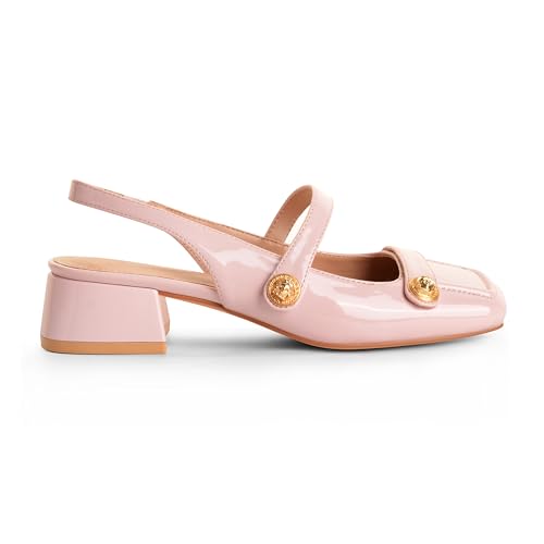 Image of Slingback Mary Jane Heels for Women Low Block Heel Closed Square Toe Pump Shoes Heels Classic Daily Office Dressy Shoes