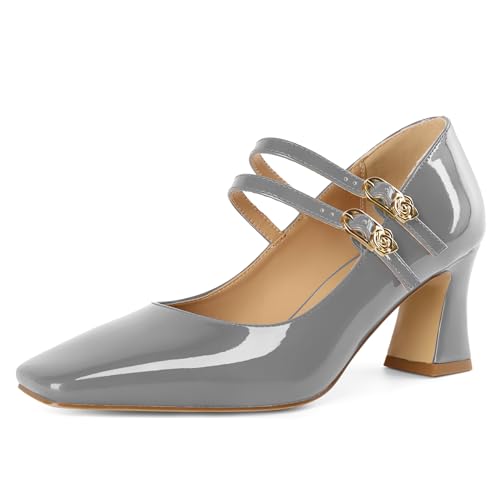 Soireelady Womens Mary Jane Shoes Chunky Block Heel Pumps Square Toe Low Heels Double Strap Buckle Comfort Dress Shoes 2.5 Inches