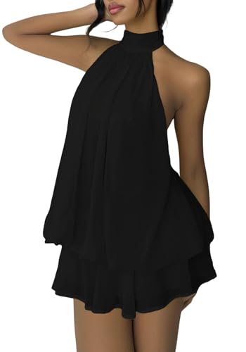 SHINFY Women Chiffon Halter Cocktail Dresses for Wedding Guest Ruffle Mini Beach Vacation Birthday Dresses Black