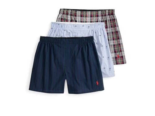 Polo Ralph Lauren Mens 3-Pack Classic Fit Woven Boxers Tie Stripe/Blue Flower Tick Stripe Football Print/Innes Plaid Small