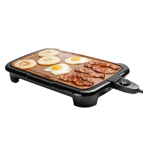 Image of OVENTE Electric Griddle with 16 x 10 Inch Flat Non-Stick Cooking Surface, Removable and Adjustable Temperature Control, Indoor Grill for Instant Breakfast, Pancakes, Eggs or Burgers, Copper GD1610CO