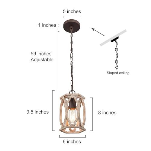 Image of KSANA Farmhouse Pendant Light, Wood Rustic Cage Lantern Hanging Light Fixture for Kitchen Island, Foyer, Hallway, Bedroom and Entryway