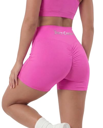 Juicy Couture Womens 5 Inch Rouched Back Bike Shorts Athletic High Waisted Tummy Control Running Workout Gym Compression- Solid Free Love L