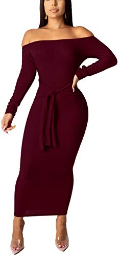 Women's Elegant Off Shoulder Long Sleeve Dresses Bodycon Long Maxi Stretchable Ribbed Knit Pullover Sweater Dress with Connected Belt Slim Fit