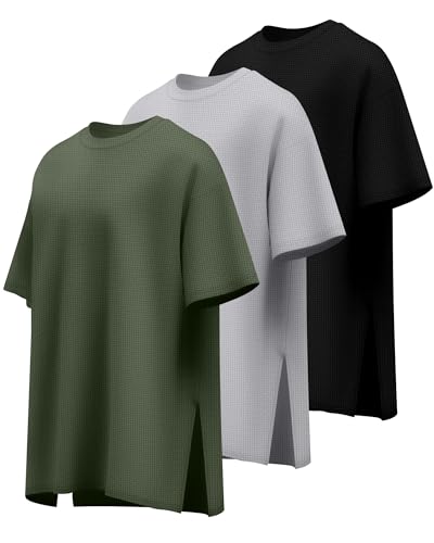3 Pack Women's Oversize Short Sleeve Tops Waffle Knit Crewneck T-Shirts Summer Casual Side Split Tees2