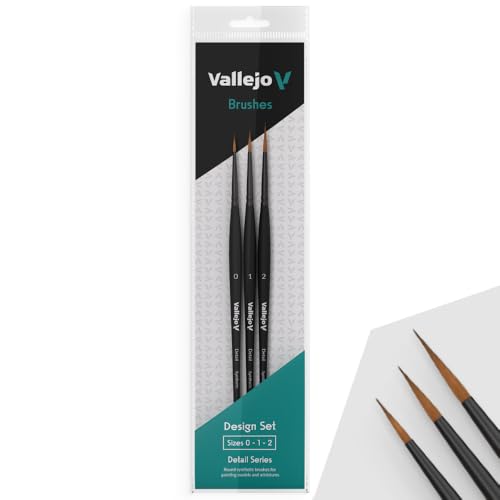 Vallejo - Detail Series Desing Set | Hobby Brush Kit | Flagged Synthetic Bristles | Sizes 0 1 and 2 | Lightweight and Ergonomic Wooden Handles | Ideal for Acrylic Detail Work