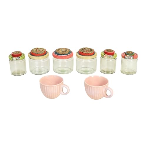 Image of AAKRITI ART CREATIONS Handcrafted Wooden Tray Set with 6 Colorful Painted Glass Jars and 2 Ceramic Cups | Dhokra Madhubani Fusion Art | Glossy Wood Tray | Kitchen & Serving Organizer